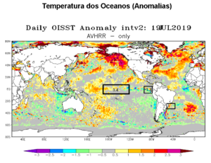 Figura 1: Desvios de temperatura dos oceanos e previsão estatística dos Enos.